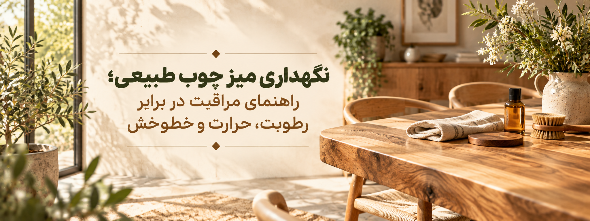 بنر مقاله نگهداری میز چوب طبیعی؛ راهنمای مراقبت در برابر رطوبت، حرارت و خطوخش