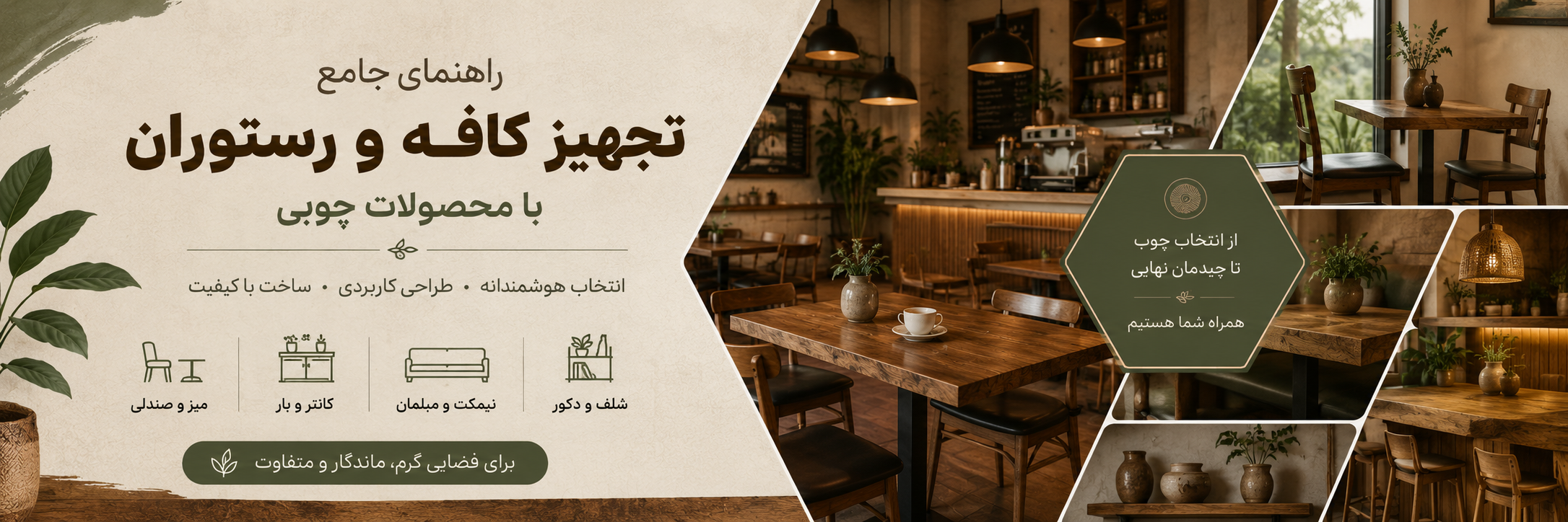 بنر مقاله راهنمای جامع تجهیز کافه و رستوران با محصولات چوبی