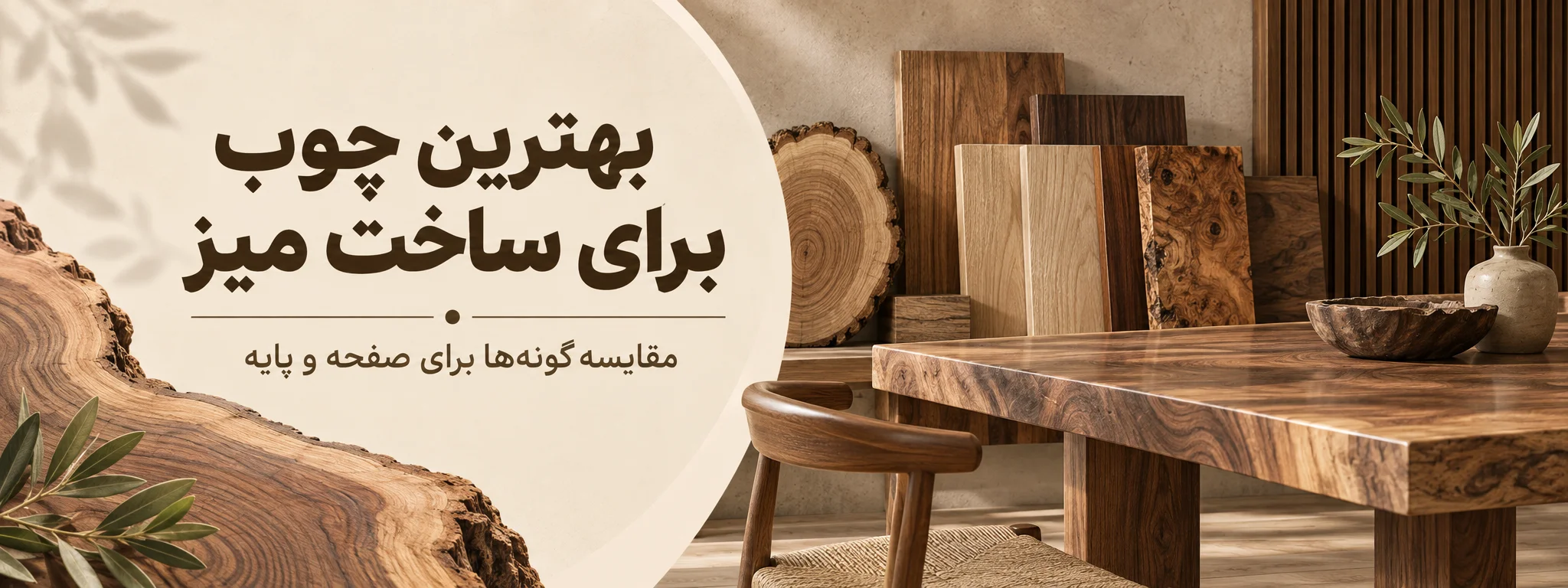 بنر مقاله بهترین چوب برای ساخت میز؛ مقایسه گونه‌ها برای صفحه و پایه