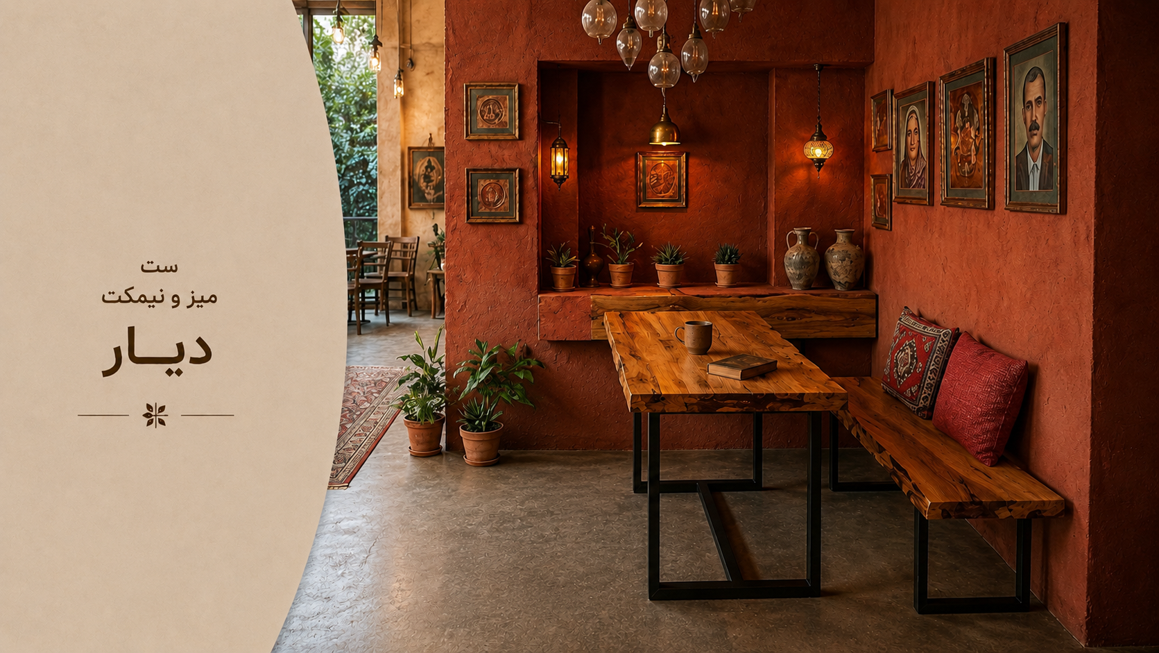 عکس محتوای محصول ست میز و نیمکت چوبی روستیک کافه رستوران مدل دیار
