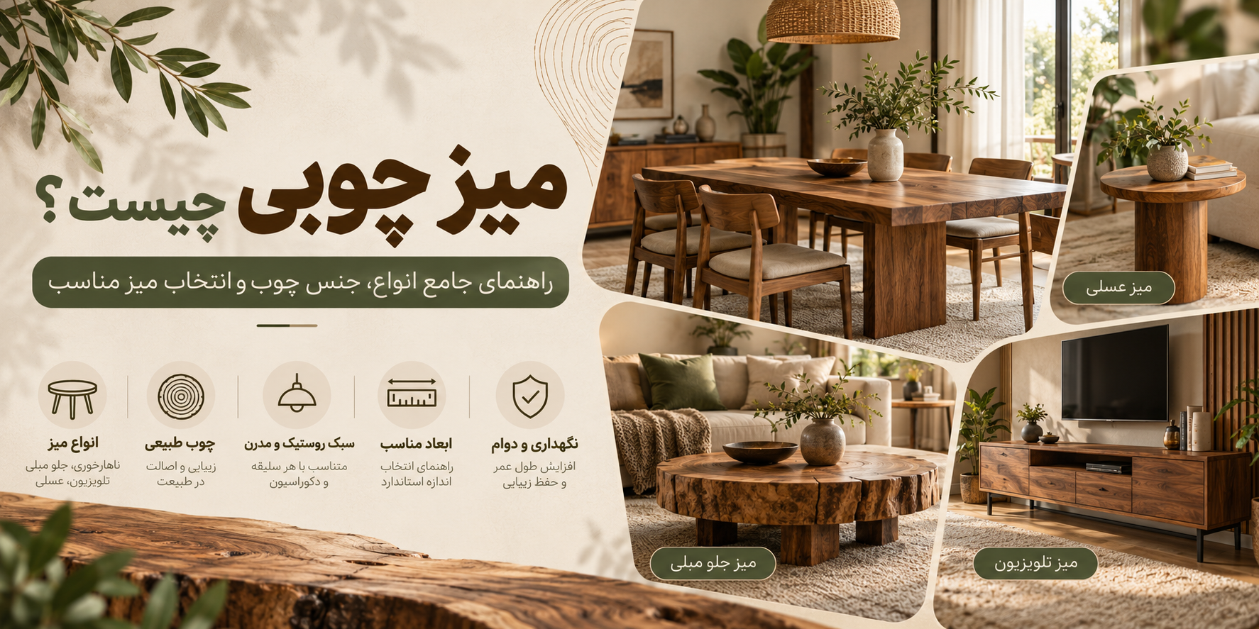 بنر مقاله میز چوبی چیست؟ راهنمای جامع انواع، جنس چوب و انتخاب میز مناسب